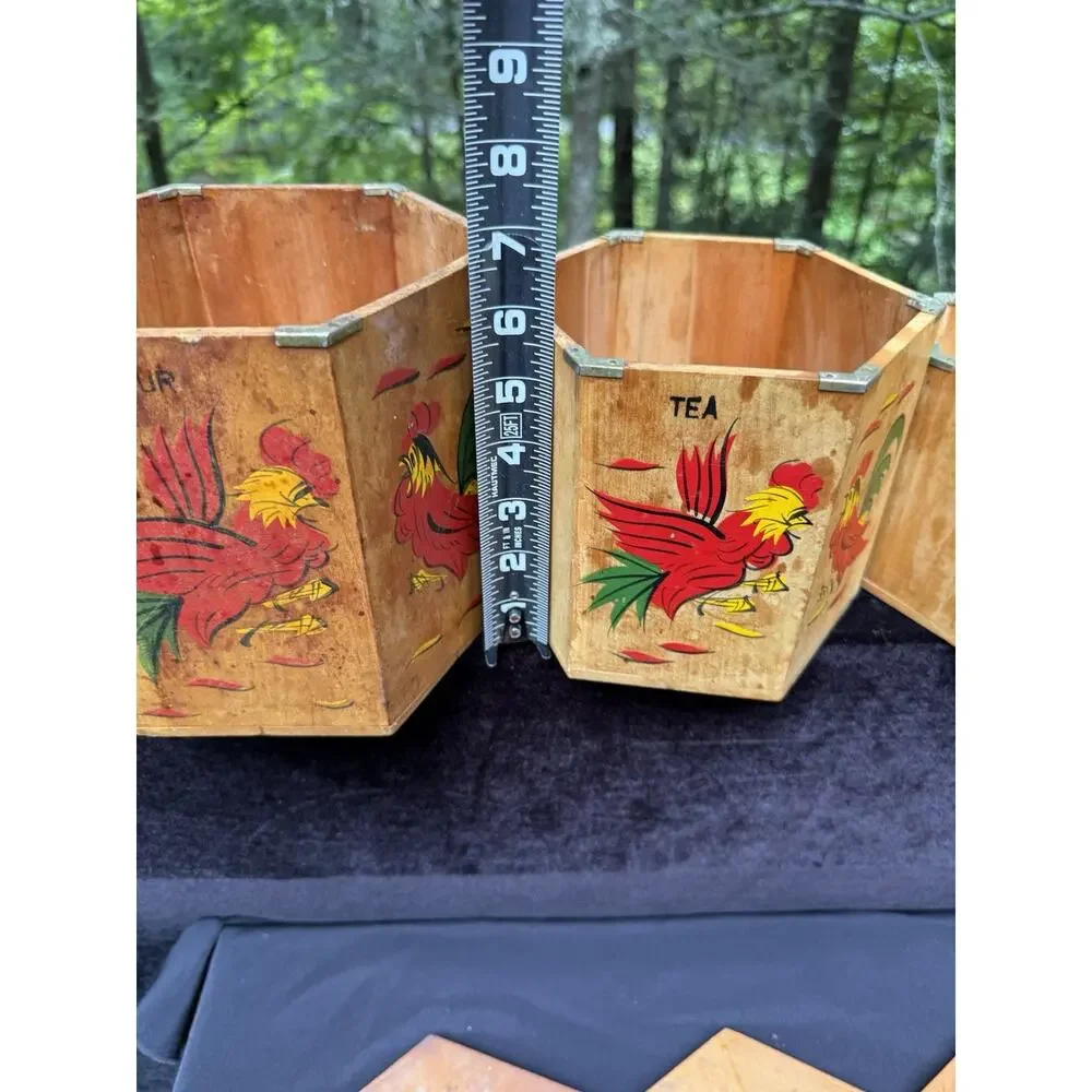 4 MCM 1960’s Japan Betson's Wood Rooster Hexagon 6-Sided Nesting Canisters